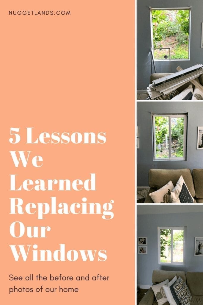 Before and after photos of our window replacement home improvement project. Not a DIY job for us but worth every penny of the cost. We went with vinyl windows instead of wood, and replaced the slider and screen instead of putting in french doors. Read the five biggest lessons we learned. #homeimprovement #diyproject #windows #interiordesign #investment #homedecor #beforeandafter 